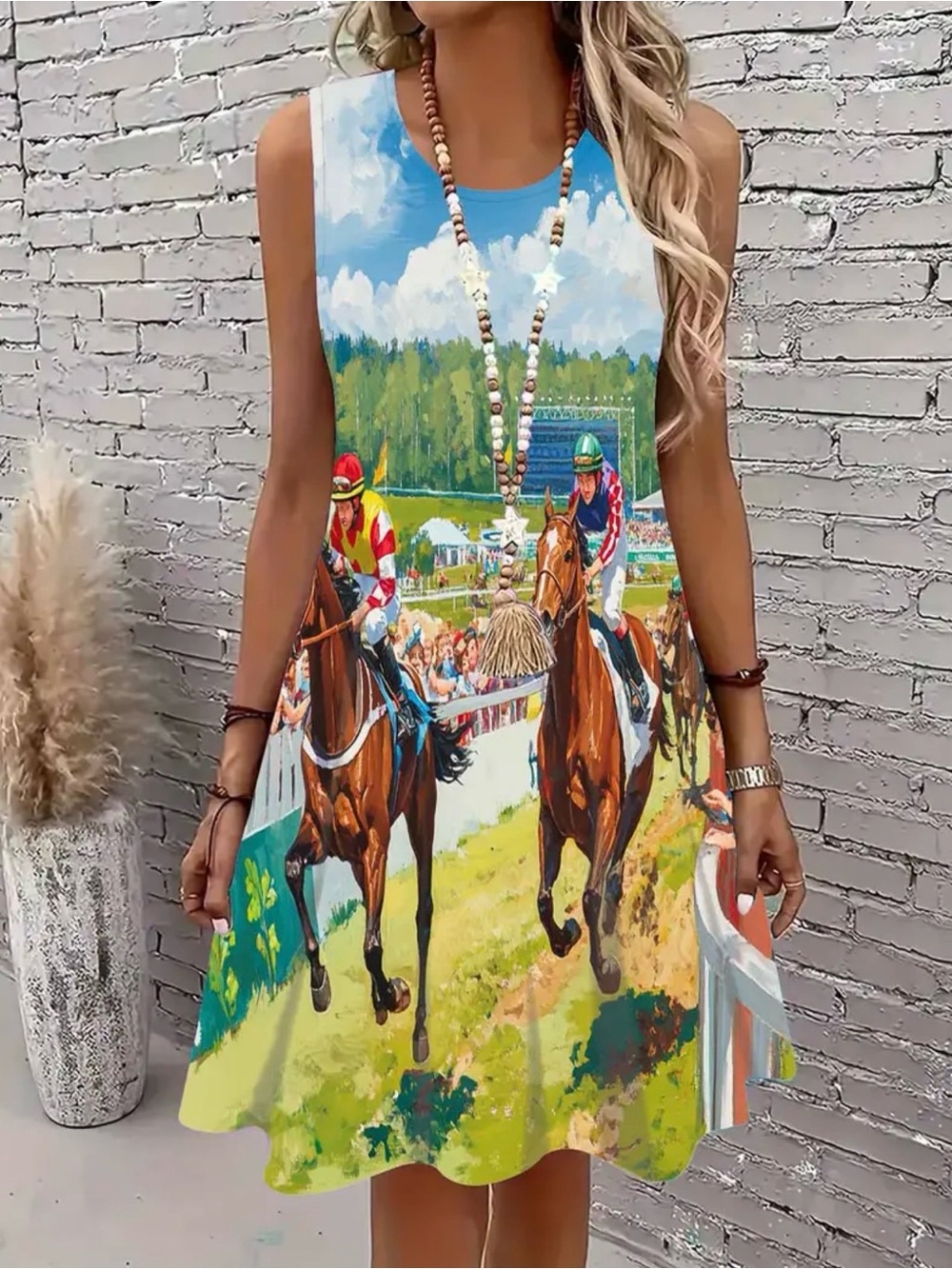 Sleeveless Horse Racing Print  Dress